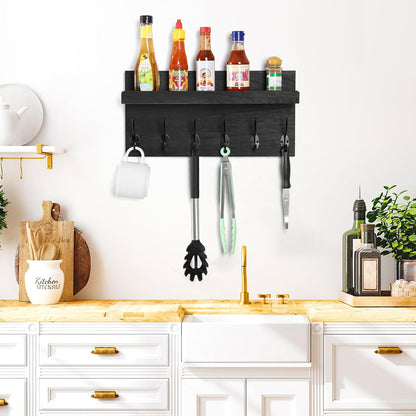 Shelf with Hooks, Coat Rack Wall Mount with 6 Double Metal Hooks, 17 Inch Farmhouse Wall Hooks with
