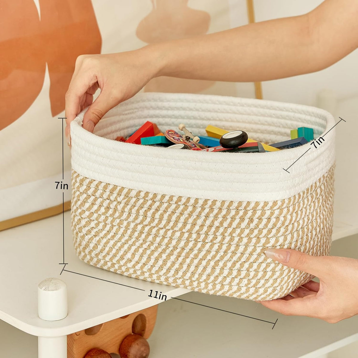 Small Cotton Rope Storage Basket Set of 3-11"x7"x7" Perfect Woven Baskets for Storage, Ideal