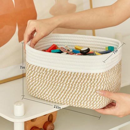 Small Cotton Rope Storage Basket Set of 3-11"x7"x7" Perfect Woven Baskets for Storage, Ideal