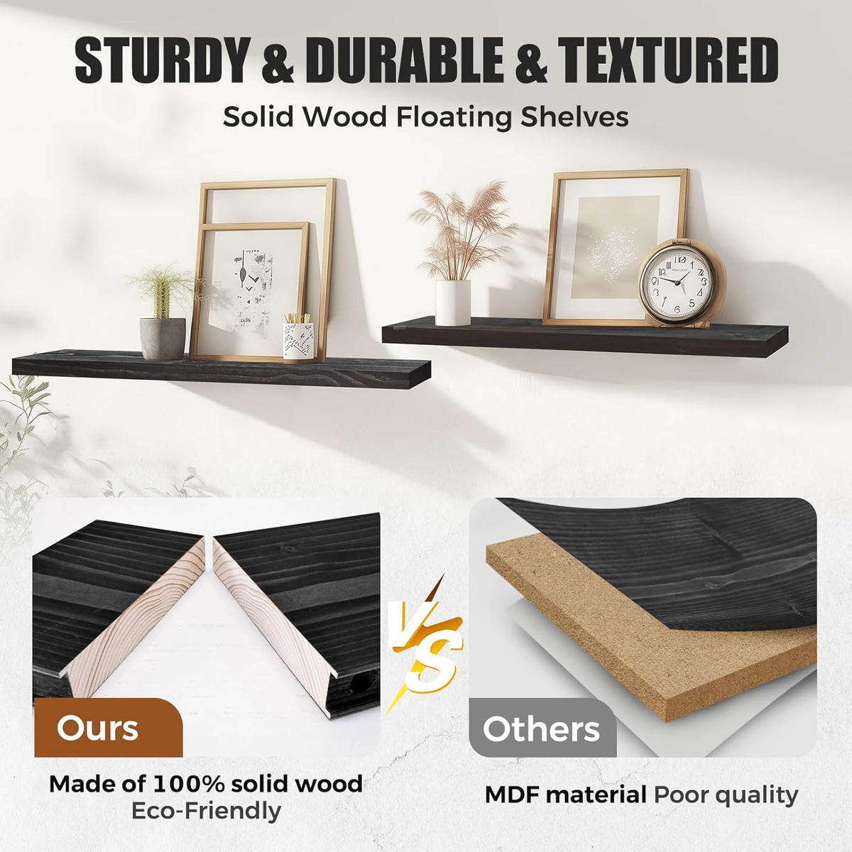 Floating Wall Shelves 2-Pack - 24-Inch Rustic Black Wooden Shelves for Storage and Décor, Easy