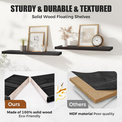 Floating Wall Shelves 2-Pack - 24-Inch Rustic Black Wooden Shelves for Storage and Décor, Easy
