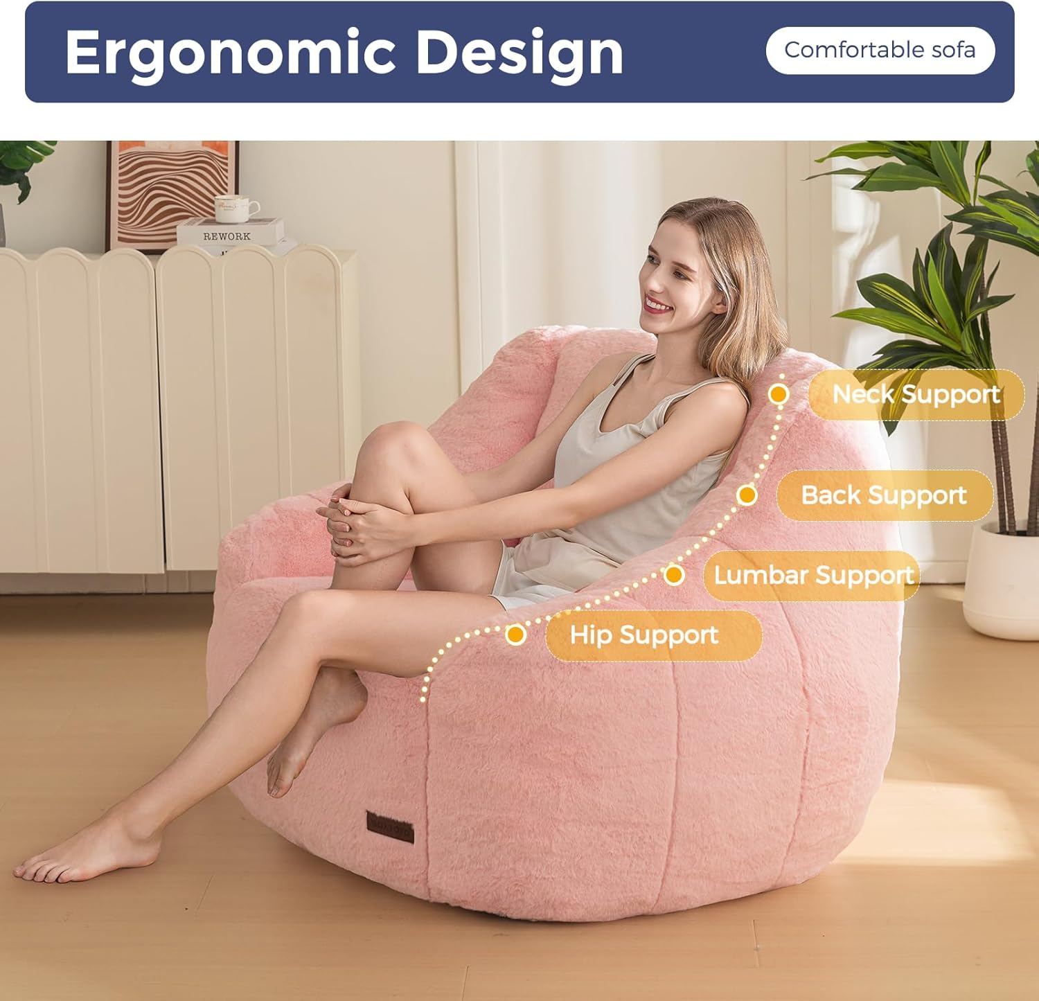 MAXYOYO Bean Bag Chair, Comfy Bean Bag Sofa with Back Support, Faux Fur Bean Bag Chair for Adults