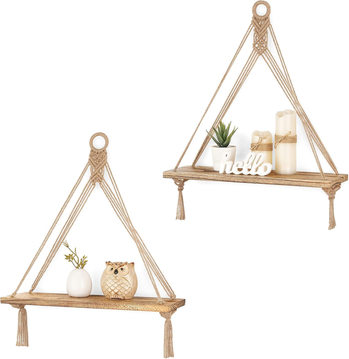 Mkono Macrame Hanging Shelves Boho Wall Decor Set of 2 Rustic Wood Floating Storage Shelf for