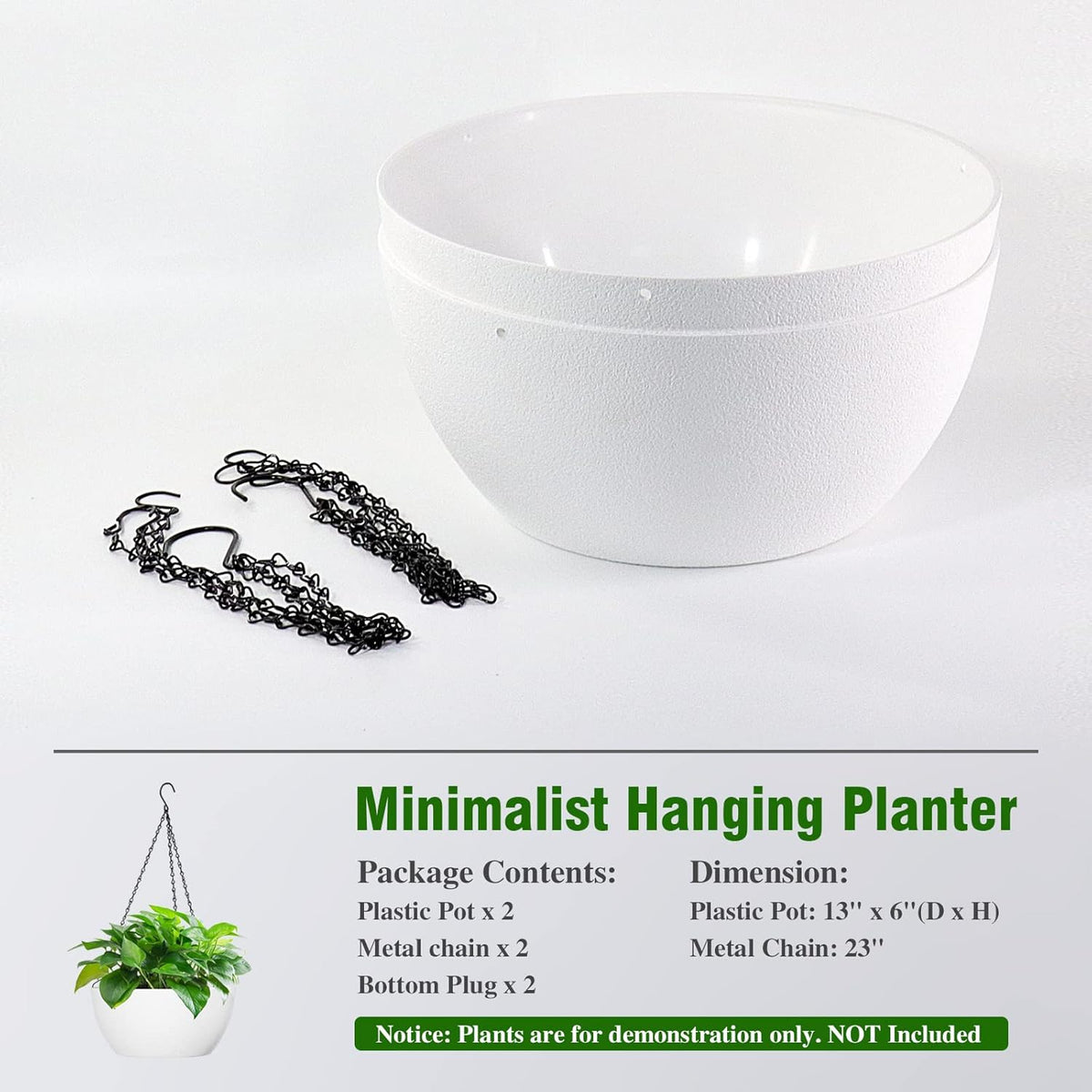 13 inch Large Hanging Planters Plant Pots for Outdoor Indoor Plants with Drainage Holes and Chain