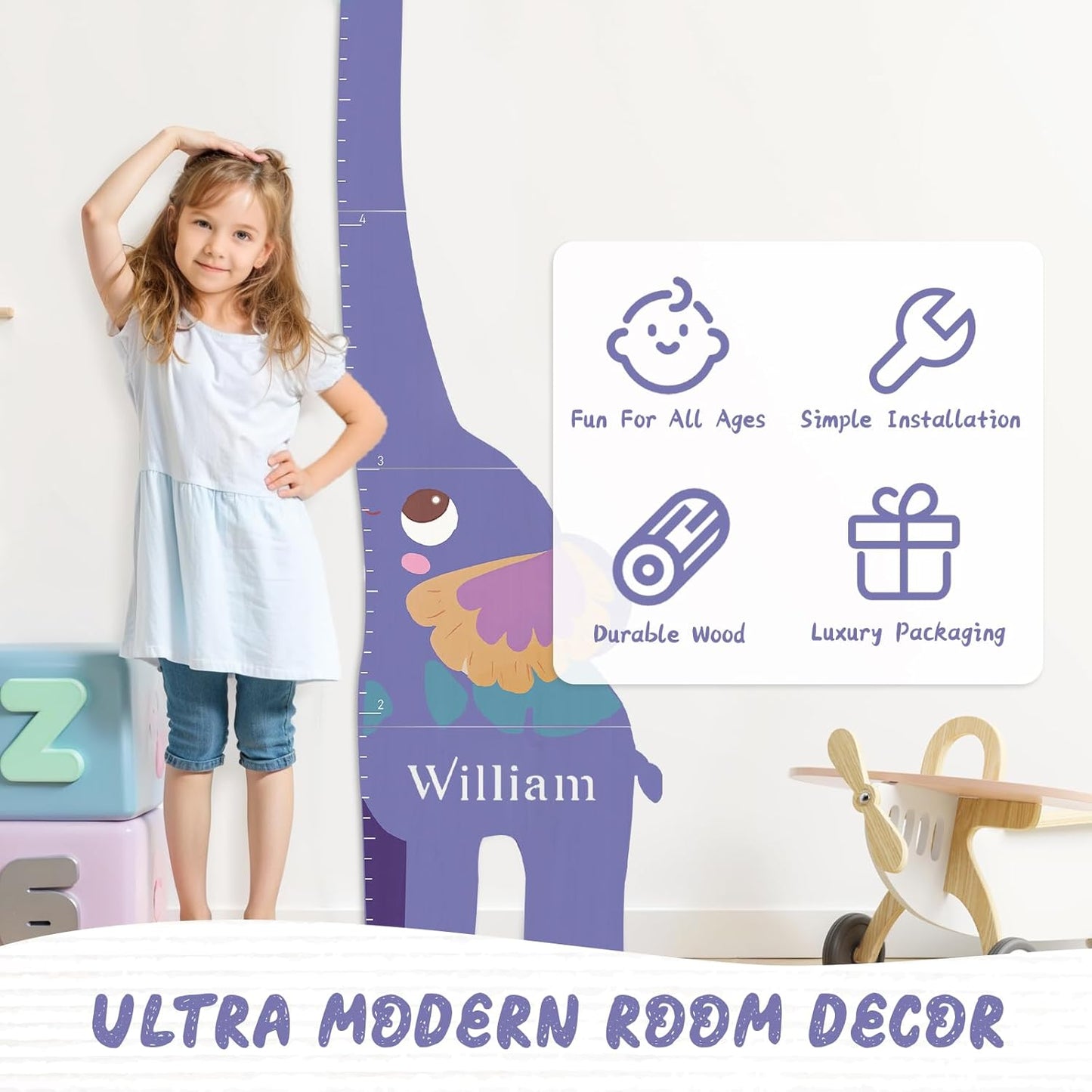 Personalized Name Growth Chart for Kids, Elephant Patchwork Wooden Height Chart for Wall Decor