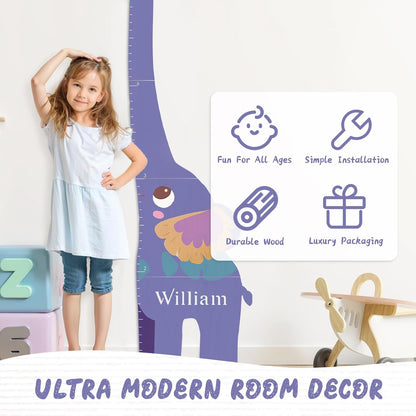 Personalized Name Growth Chart for Kids, Elephant Patchwork Wooden Height Chart for Wall Decor