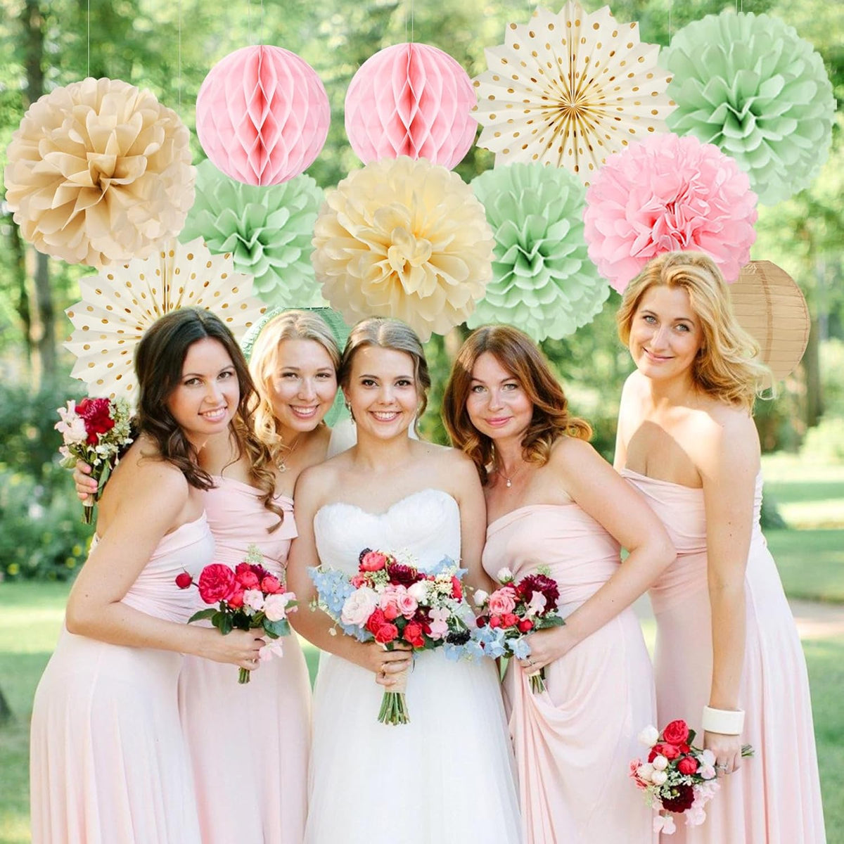 Sage-Green Pink-Champagne Party-Decorations Streamers Lanterns - 14pcs Neutral Baby Shower Paper