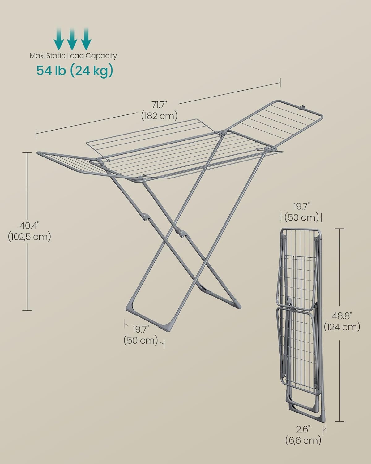 SONGMICS Clothes Drying Rack, Metal Laundry Drying Rack, Foldable, Space-Saving, Free-Standing