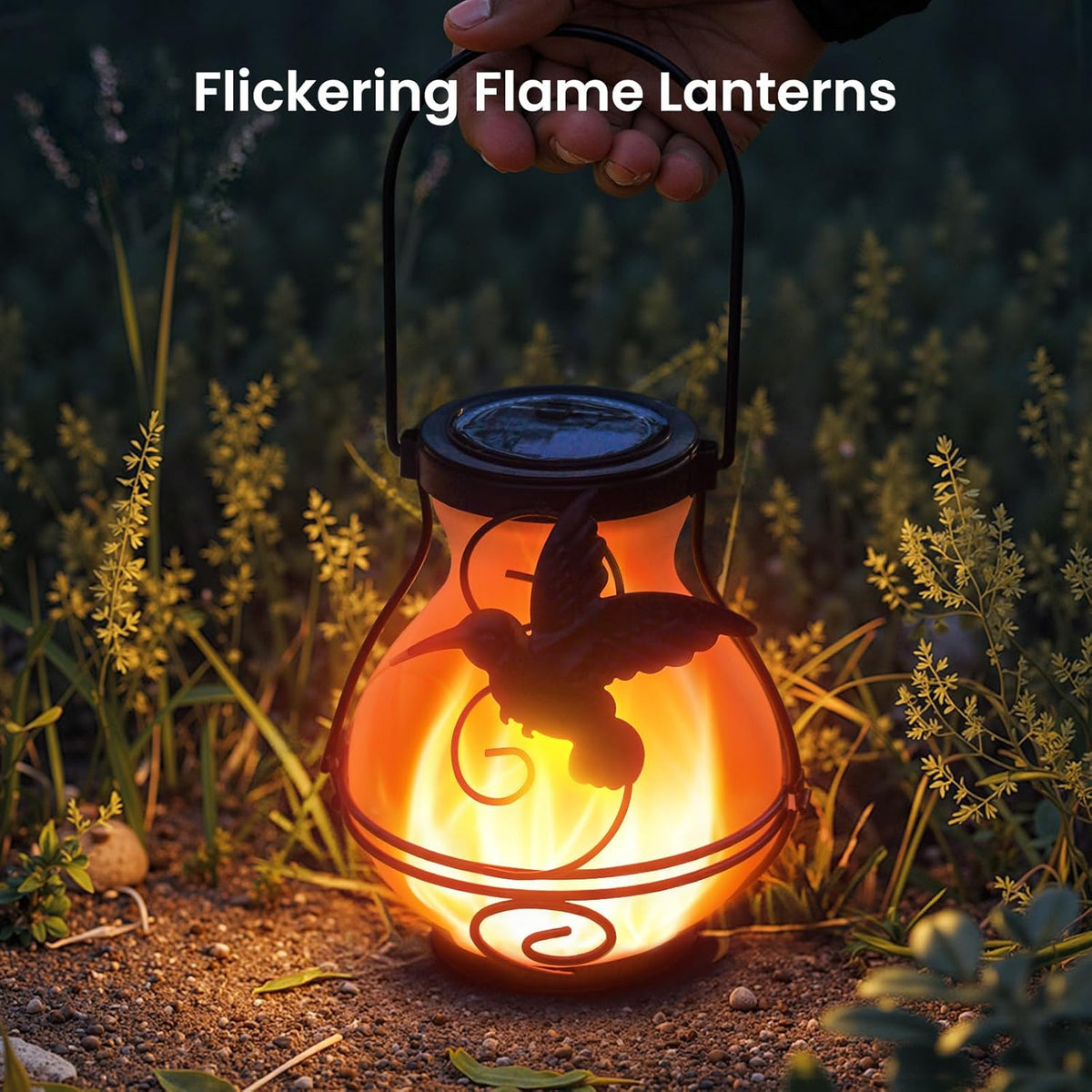 2 Pack Solar Lanterns Outdoor Waterproof Flickering Flame Lights Hummingbird Metal Hanging Solar