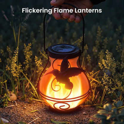 2 Pack Solar Lanterns Outdoor Waterproof Flickering Flame Lights Hummingbird Metal Hanging Solar