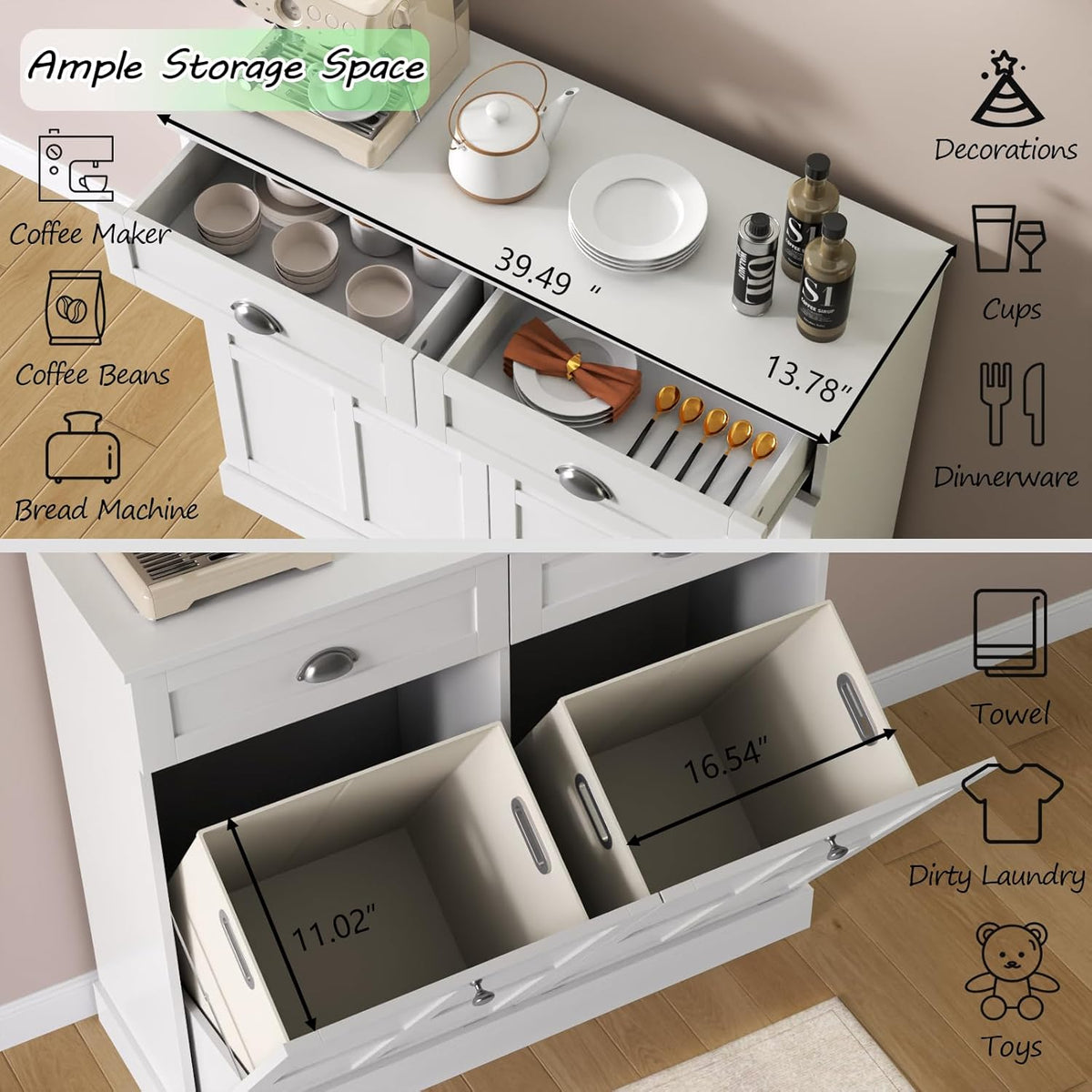 Loomie Double Tilt Out Laundry Hamper Cabinet, Hidden Laundry Cabinet with 2 Drawers & 2 Baskets