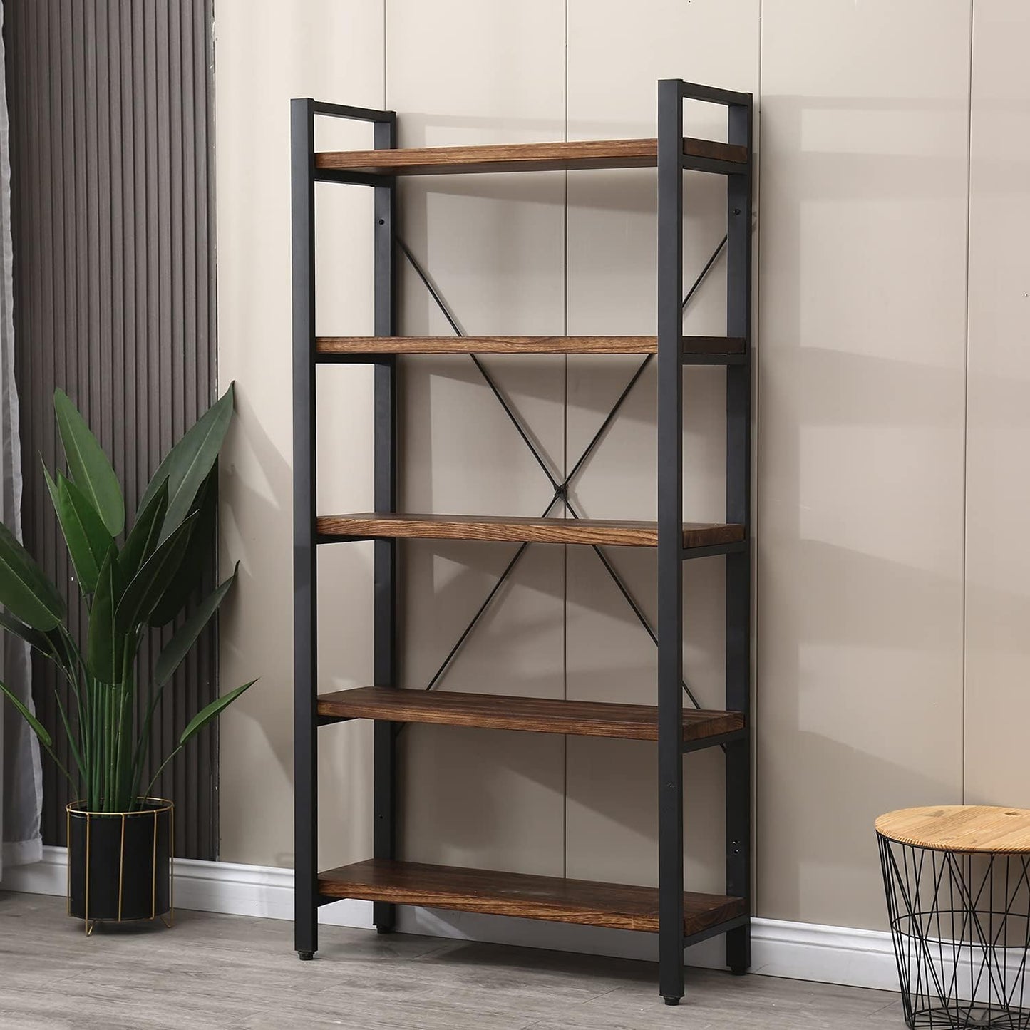 5 Tier Bookcase, Solid Wood Bookshelf Rustic Vintage Industrial Etagere Bookcase, Metal and Wood
