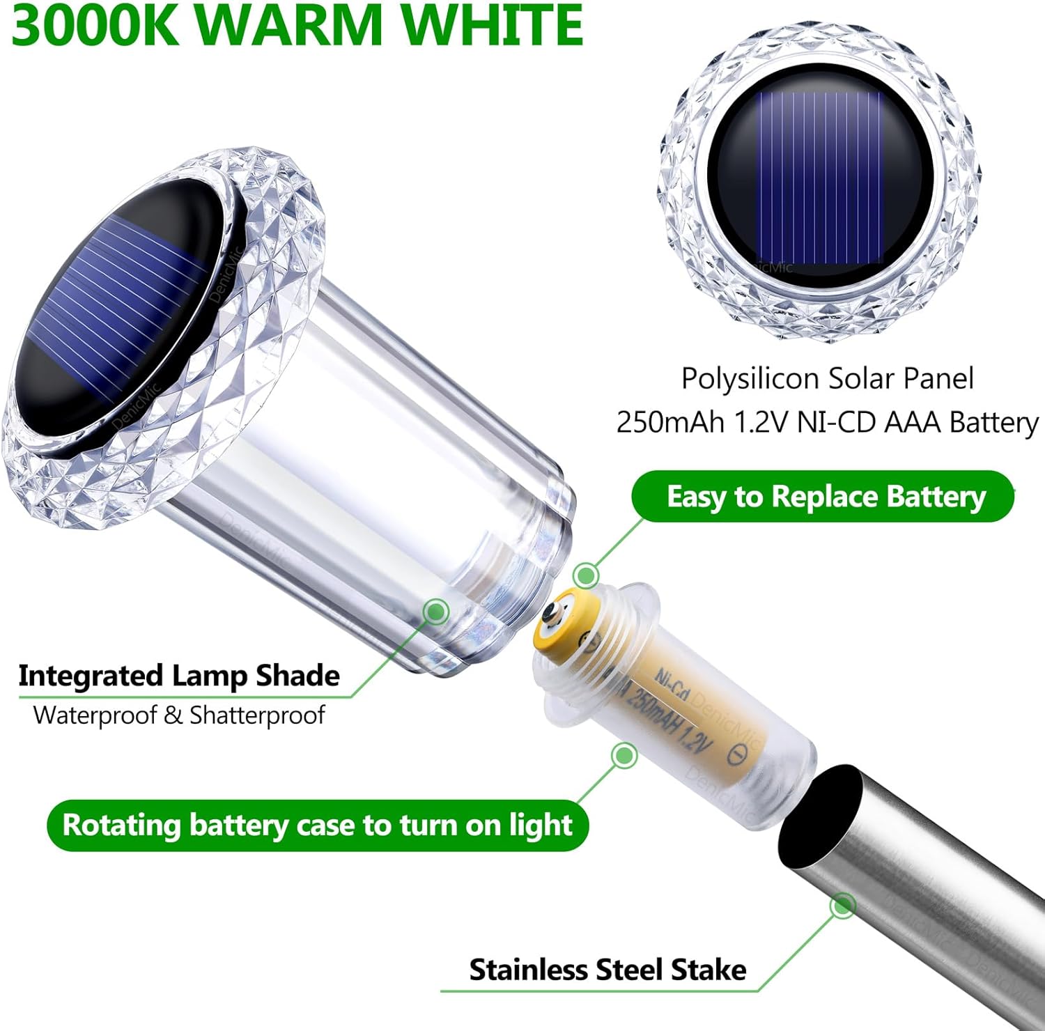 DenicMic Solar Lights Outdoor 10 Pack Waterproof 3000K Warm White LED Acrylic lamp Head Stainless