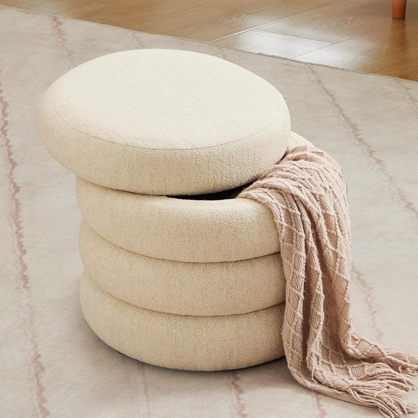 ONEVOG Round Storage Ottoman, 20" Small Ottomans Table with Removable Lid, Linen Fabric Soft