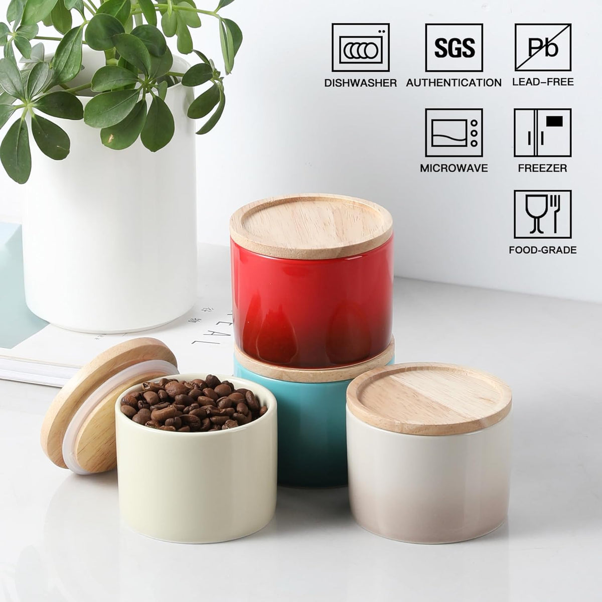 Sweejar Kitchen Canisters Ceramic Food Storage Jar, Stackable Containers with Airtight Seal Wooden