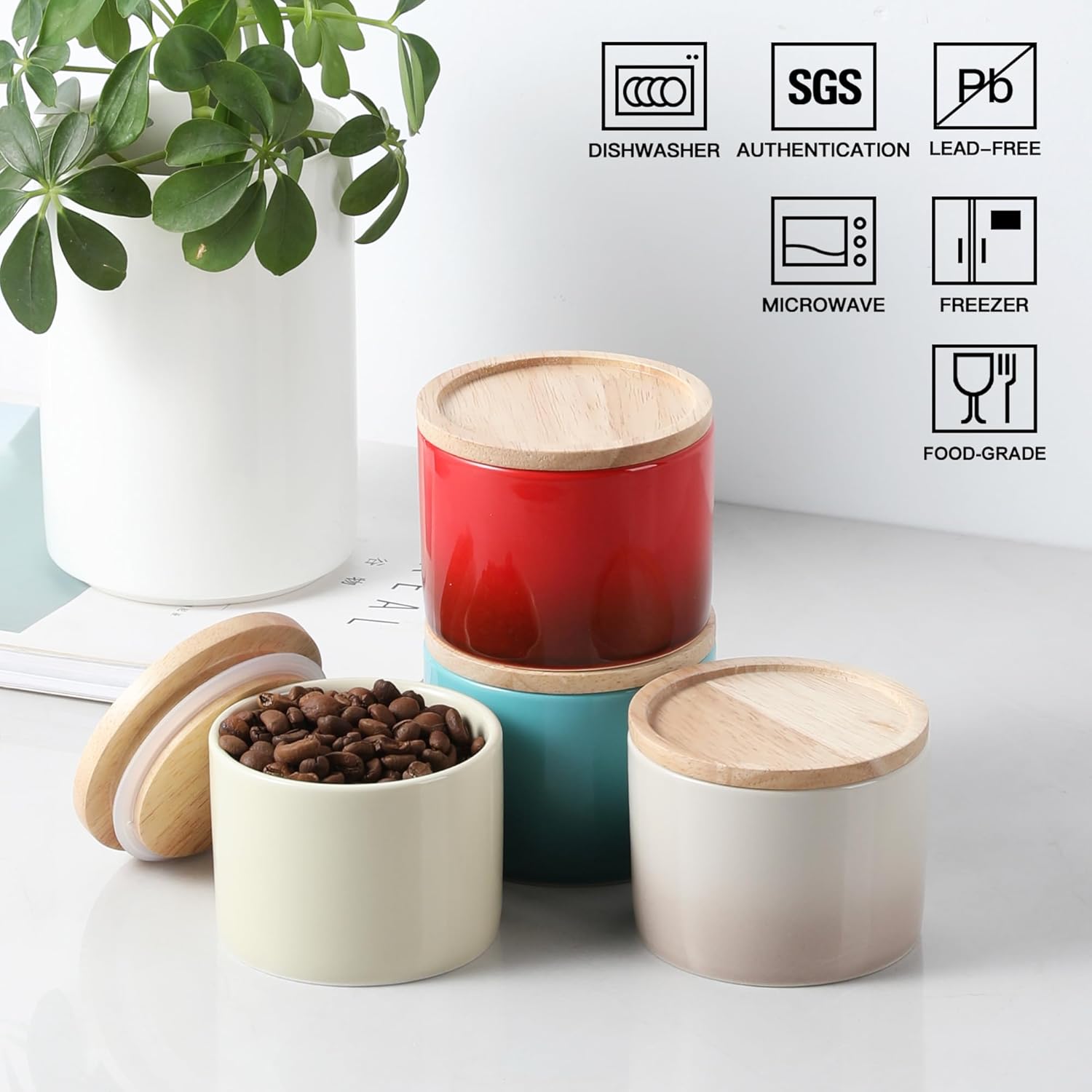 Sweejar Kitchen Canisters Ceramic Food Storage Jar, Stackable Containers with Airtight Seal Wooden