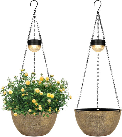 2 Packs Hanging Planters Basket for Outdoor Plants, Solar Powered Self Watering Copper Round