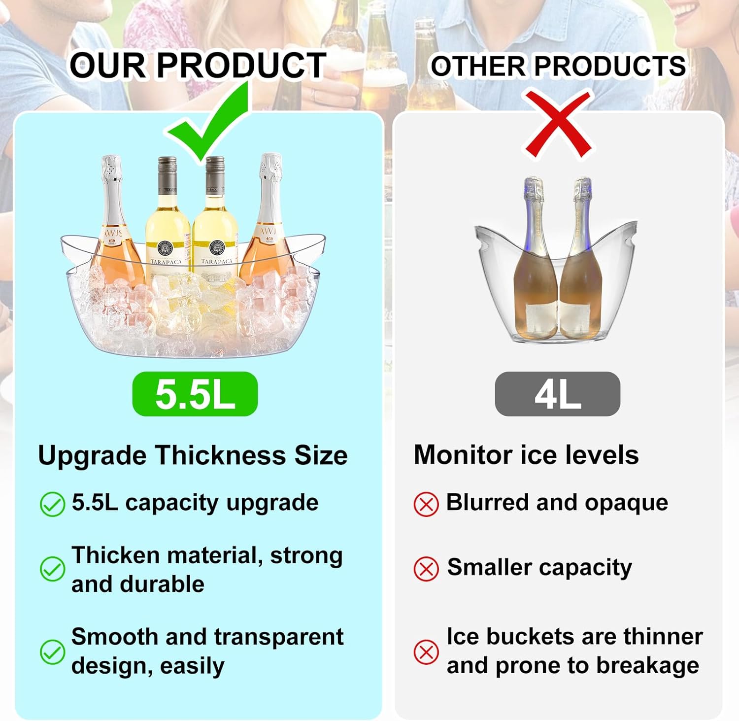 Ice Buckets for Parties,Ice Bucket Bowls of 2pcs with Scoops(2pcs)&Metal Wine Bottle Opener,5.5L