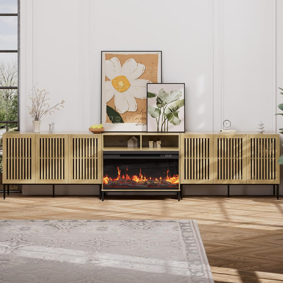 3-Sided Glass Farmhouse Fireplace TV Stand for TVs Up to 110 Inch, Oak Entertainment Center with