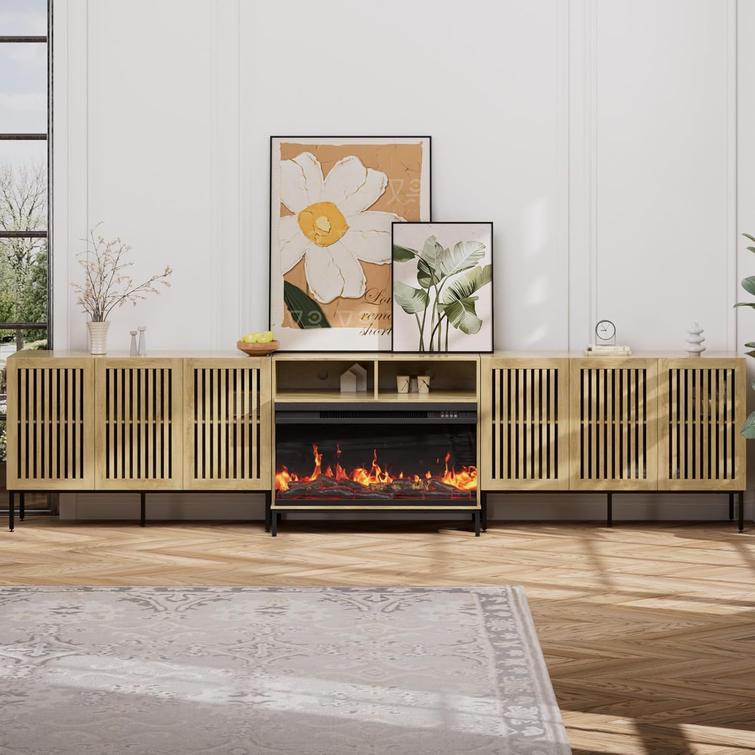 3-Sided Glass Farmhouse Fireplace TV Stand for TVs Up to 110 Inch, Oak Entertainment Center with