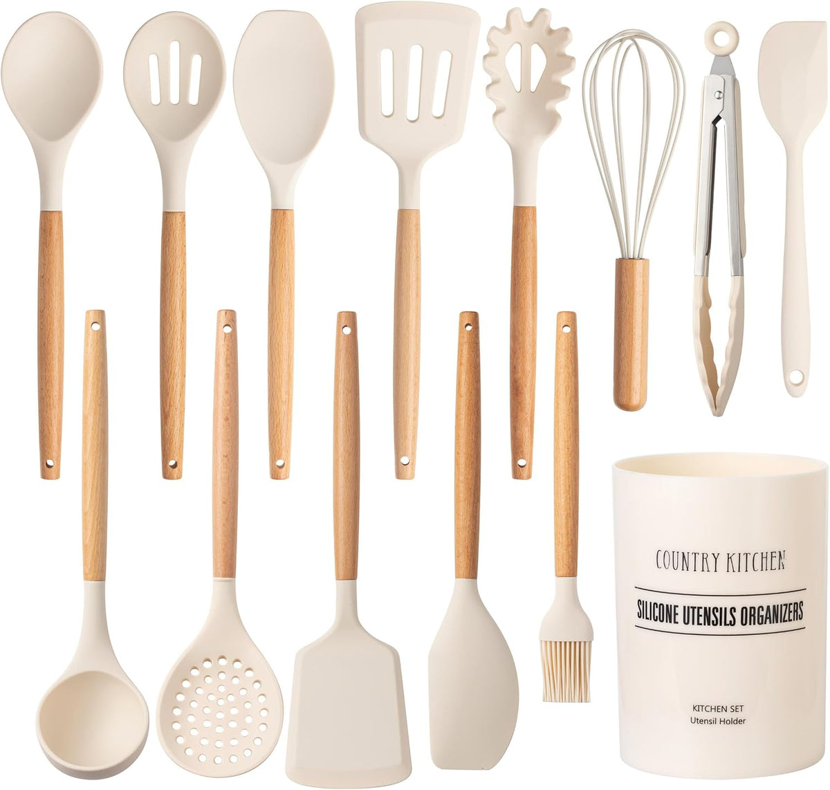 Country Kitchen Non Stick Silicone Utensil Set with Rounded Wood Handles for Cooking and Baking, 14