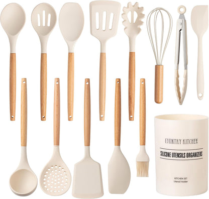 Country Kitchen Non Stick Silicone Utensil Set with Rounded Wood Handles for Cooking and Baking, 14