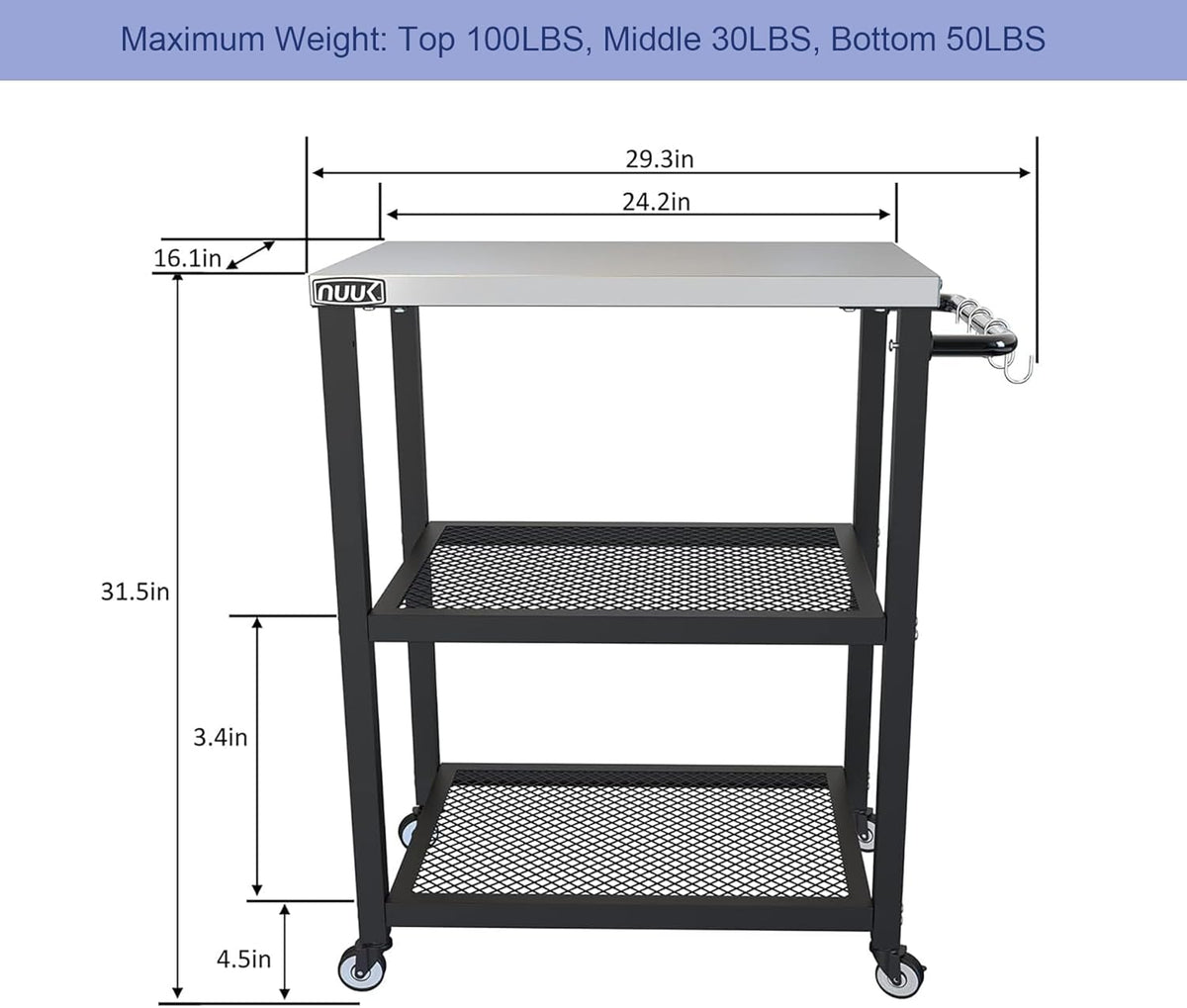 NUUK Three-Shelf Rolling Outdoor Dining Cart Table, 16" x 24" Stainless Steel Commercial