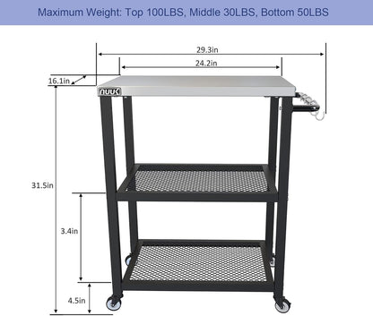 NUUK Three-Shelf Rolling Outdoor Dining Cart Table, 16" x 24" Stainless Steel Commercial