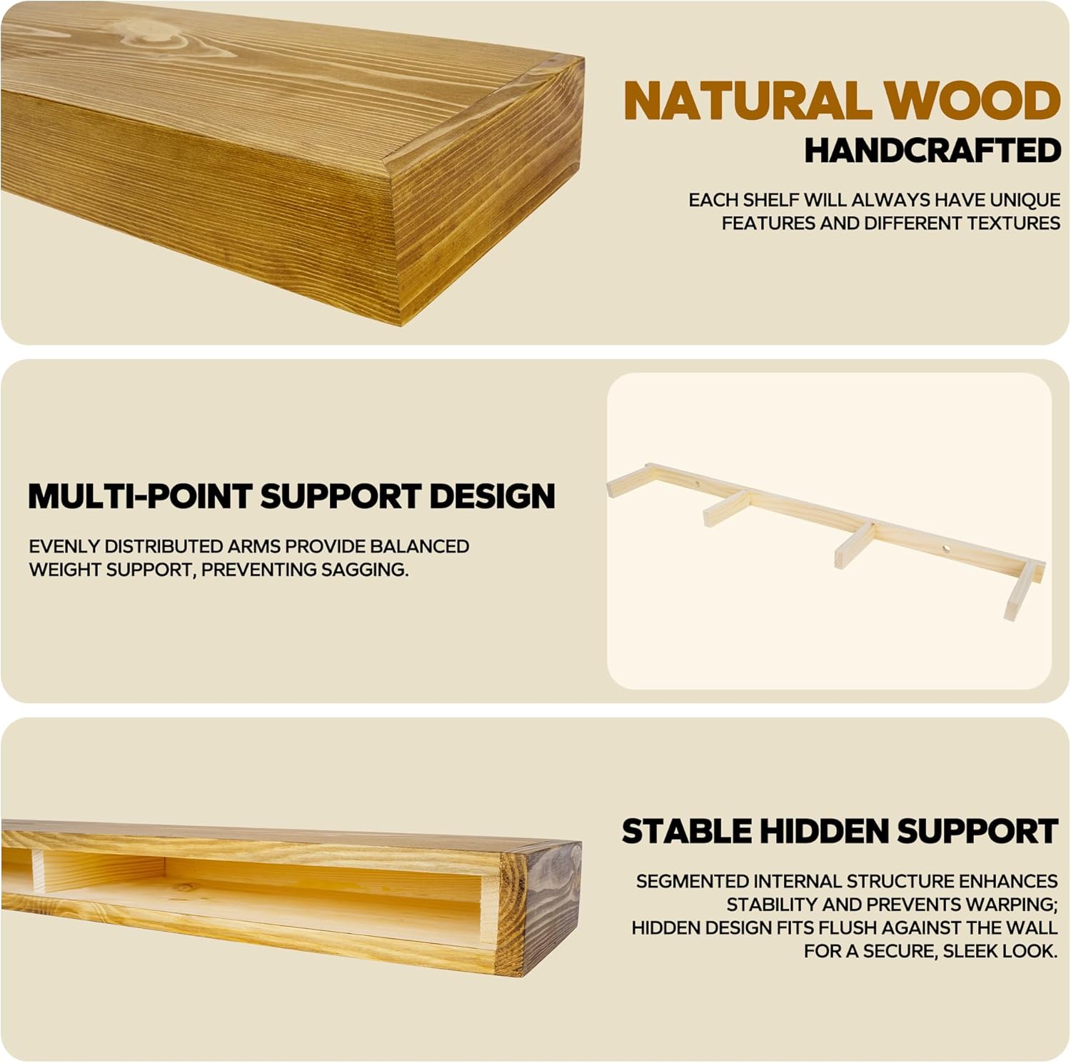 Floating Shelves 3 inch Thick for Wall Set of 2,Solid Pine Wood Wall Mount Shelf for Kitchen Living