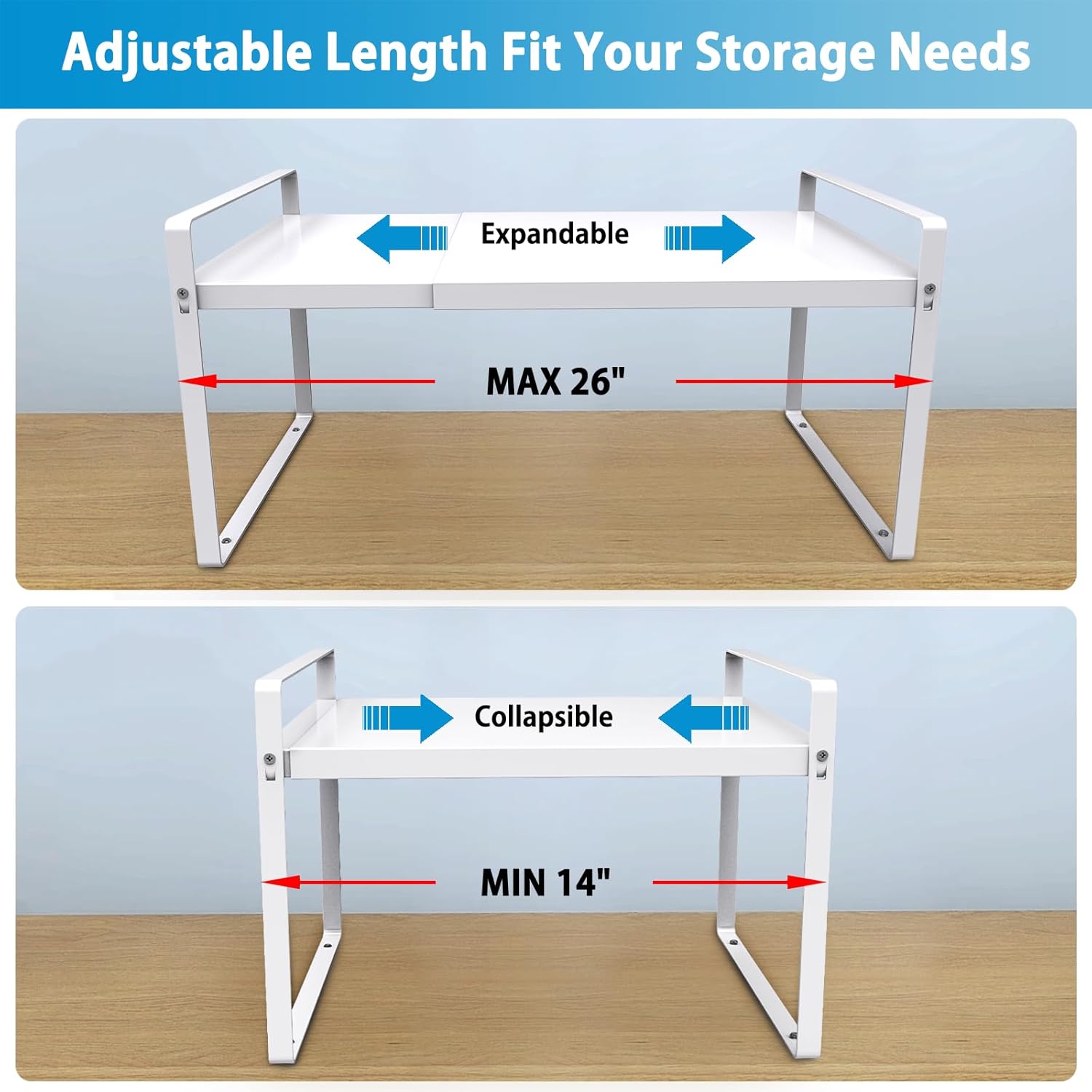 11'' Wide Expandable Cabinet Shelf Organizer Rack Adjustable Length 14''-26'' Pantry Shelf Spice