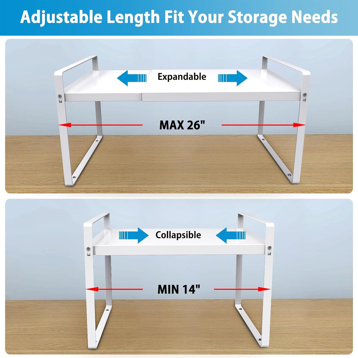 9'' Wide Expandable Cabinet Shelf Organizer Rack Adjustable Length 14''-26'' Pantry Shelf Spice