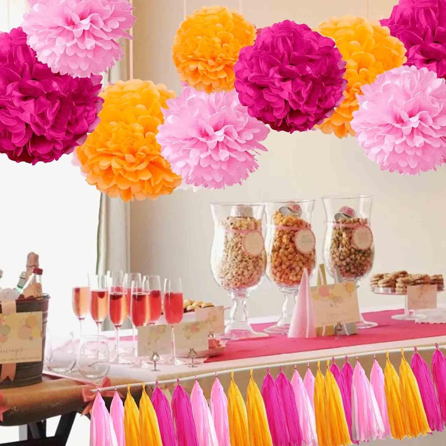 Pink and Orange Paper Tissue Tassel Garland Banner for Pink and Orange Decorations,Rose red Pink