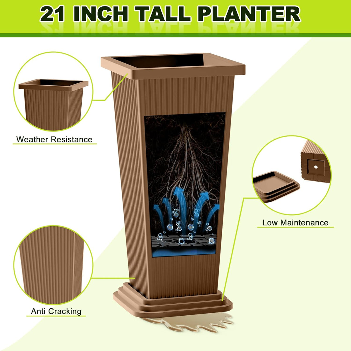 FENCY Set of 2 Tall Planters for Outdoor Plants, 24 Inch Large Tapered Pots with Drainage Trays