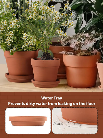 INGOFIN Terracotta Pots Set with Saucer - 5/6/7 inch Ceramic Clay Planters with Drainage Hole