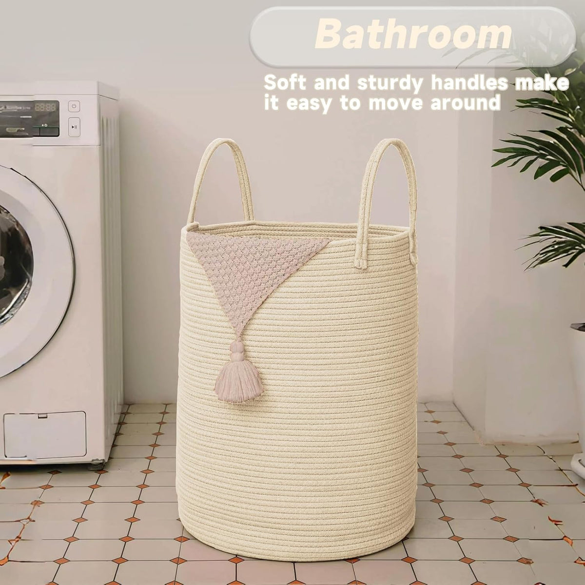 Large Woven Laundry Basket Hamper,60L Cotton Rope Storage Bin for Blankets,Toys and