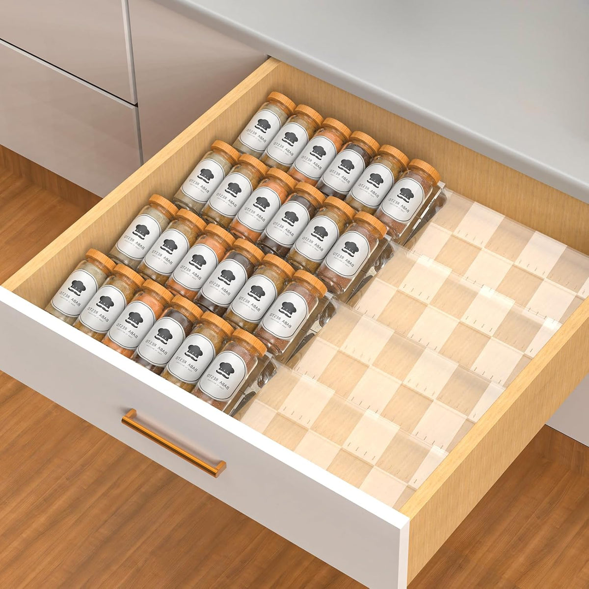 4-Tier Non-Slip Spice Drawer Organizer, 4-Pack Checkered Frosted Clear Acrylic, Expandable