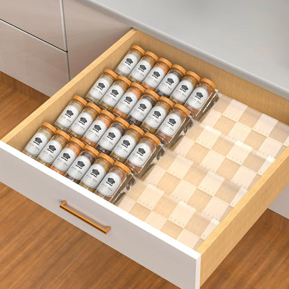 4-Tier Non-Slip Spice Drawer Organizer, 4-Pack Checkered Frosted Clear Acrylic, Expandable