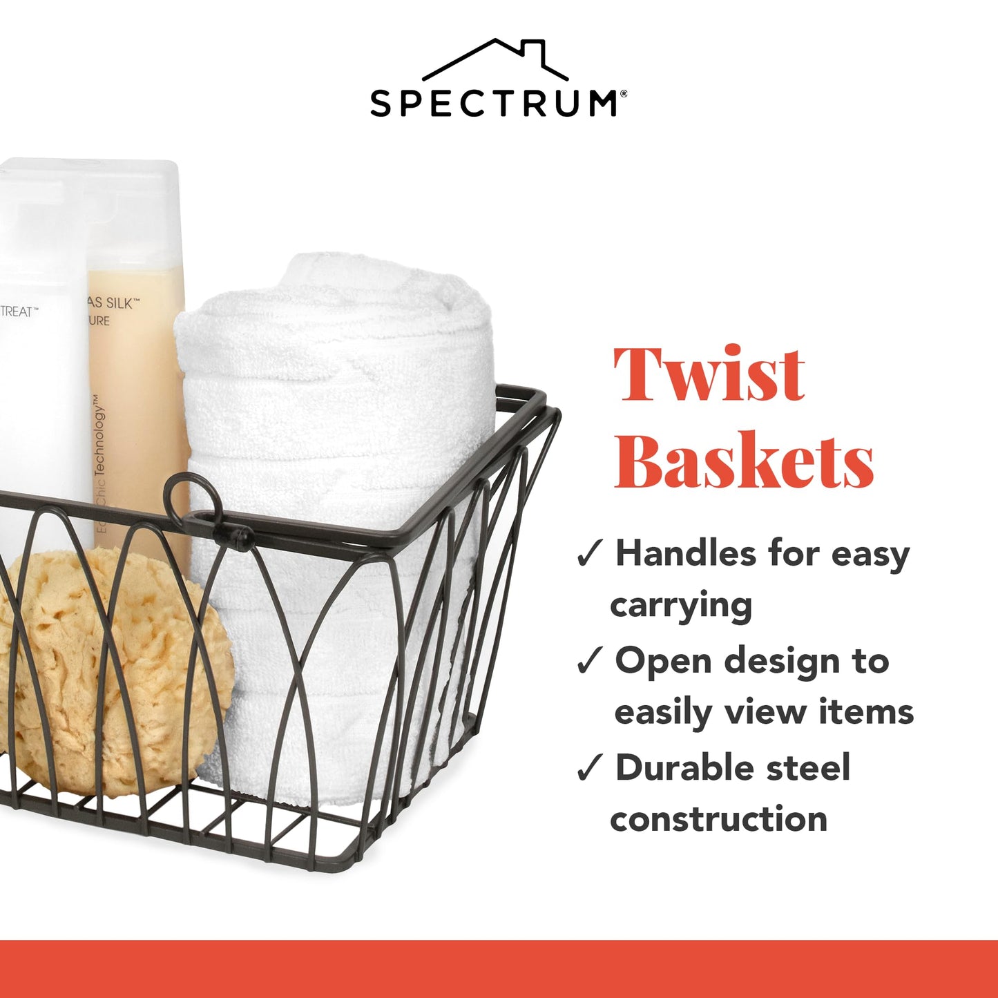 Spectrum Small Wire Basket with Handles Black Farmhouse Basket Organizer for Kitchen Bathroom