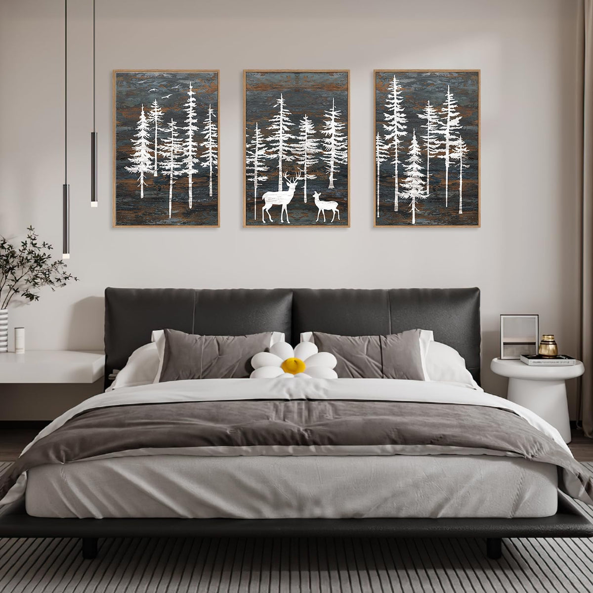 Modern White Forest Framed Canvas Wall Art Set, Minimalist Woodland Art Painting, Retro Tree