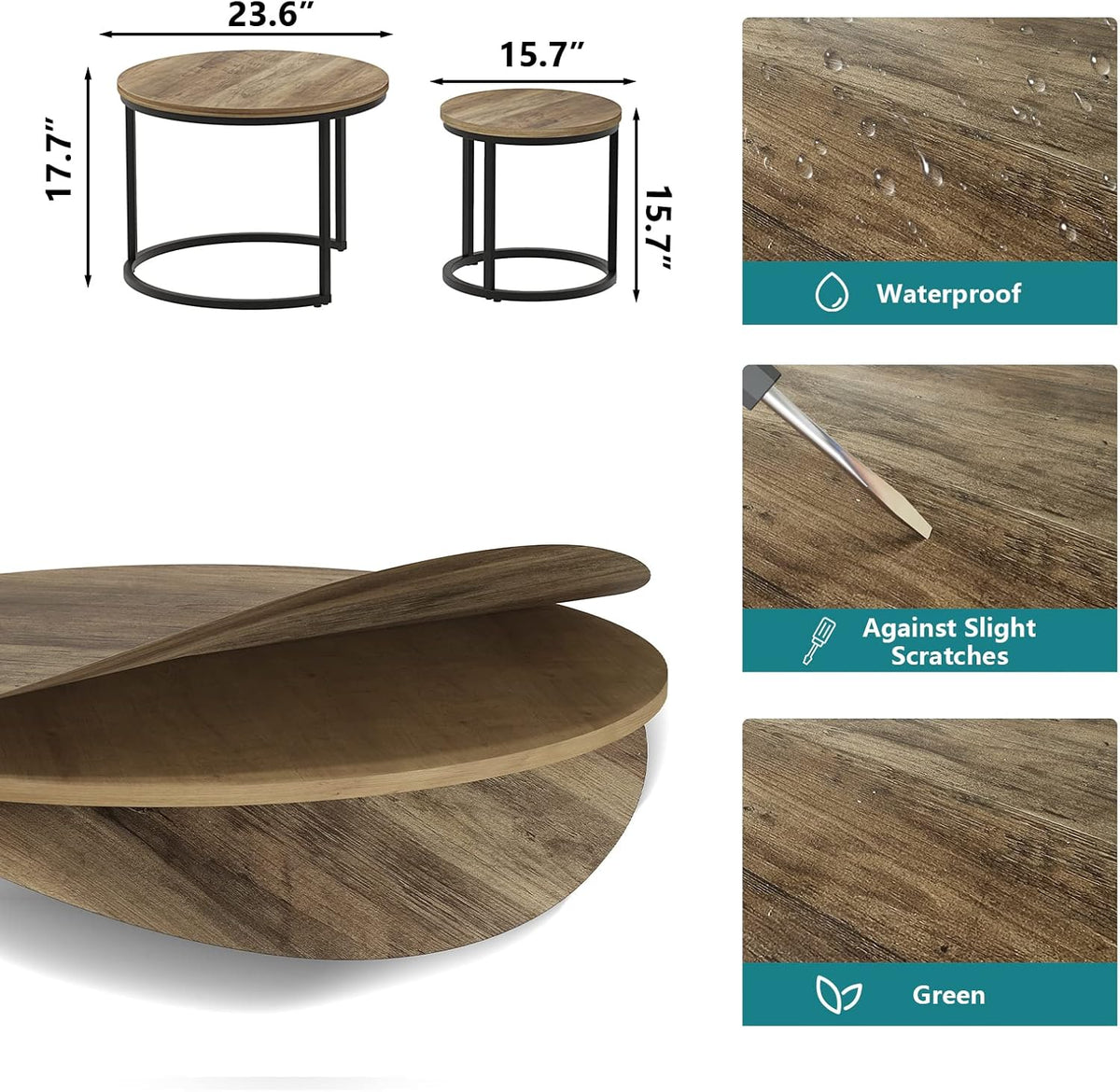 Smuxee Nesting Coffee Table Set of 2, 23.6" Round Coffee Table Wood Grain Top with Adjustable