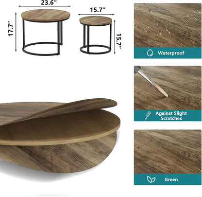 Smuxee Nesting Coffee Table Set of 2, 23.6" Round Coffee Table Wood Grain Top with Adjustable