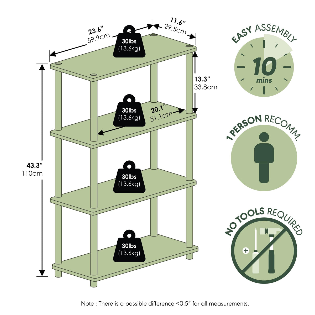Furinno Turn-N-Tube Storage Shelves, 4-Tier Toolless Book Shelf, Corner Shelf, Open Shelves, for