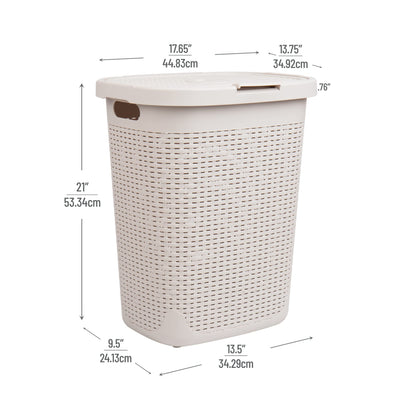 Mind Reader Slim Laundry Hamper with Lid, 50L Clothes Basket, Premium Wicker Design, Plastic, Ivory