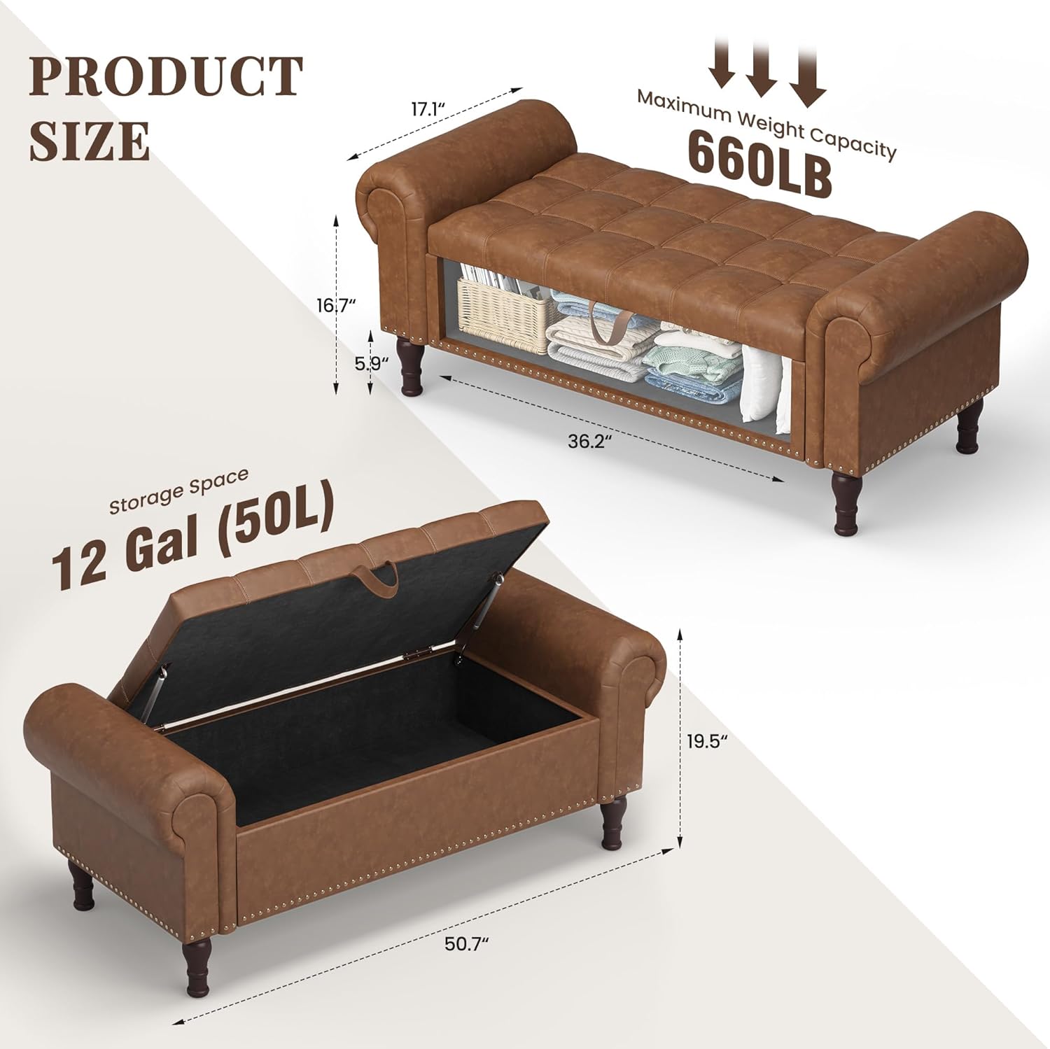 51" Storage Ottoman Bench for Bedroom, Full Queen Storage Bench with Button, Upholstered Bedroom