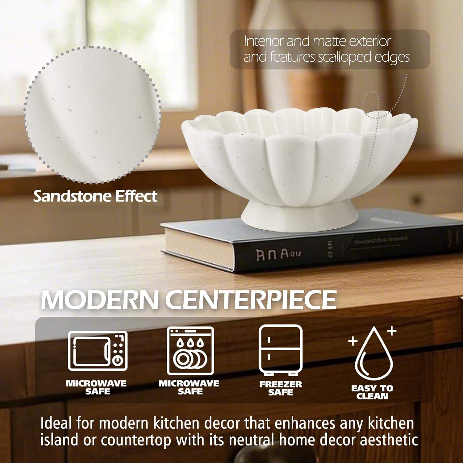 Accessoryway 8" White Fluted Scalloped Decorative Bowls -Moderate Ceramic Fruit Bowl for Kitchen
