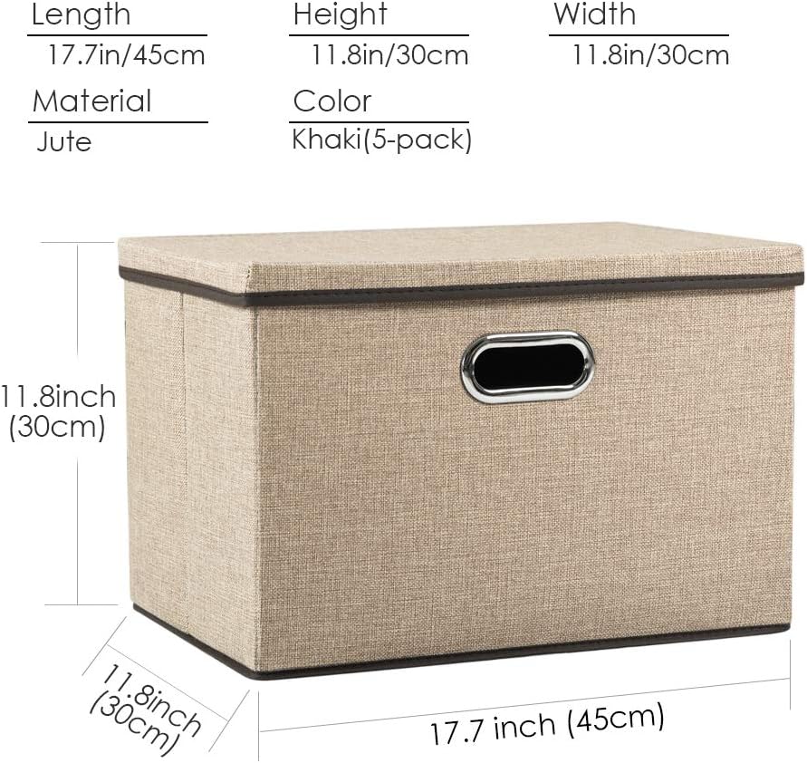 PRANDOM Large Collapsible Storage Baskets with Lids [5-Pack] Jute Fabric Foldable Storage Bins