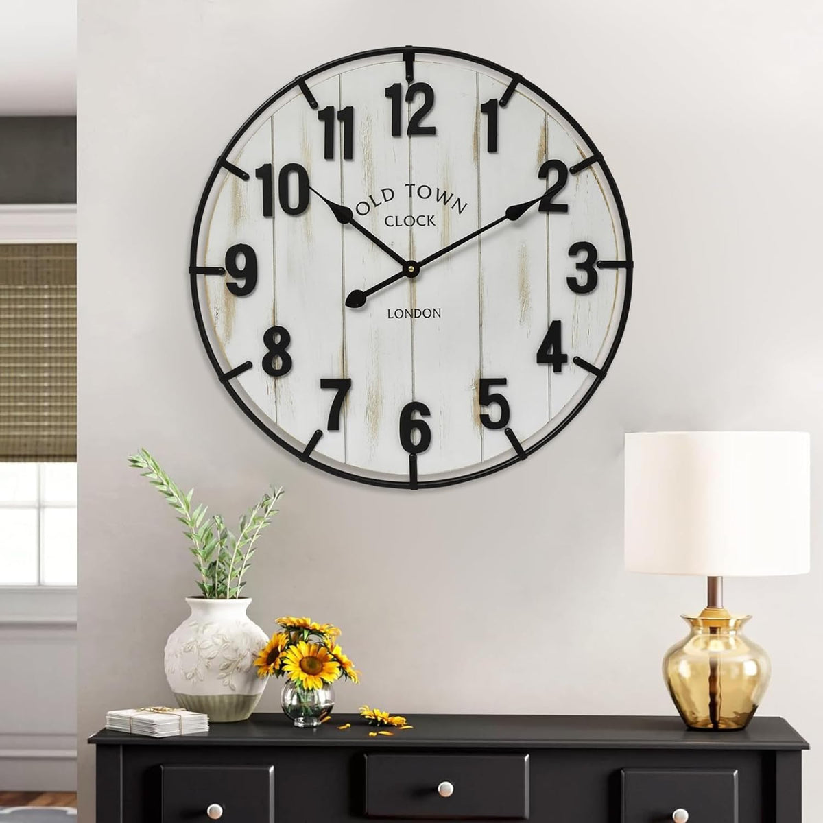 Large Old Town Farmhouse Wall Clock – 24 Inches Rustic Antique Wood with Metal Circle and Large