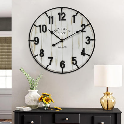 Large Old Town Farmhouse Wall Clock – 24 Inches Rustic Antique Wood with Metal Circle and Large