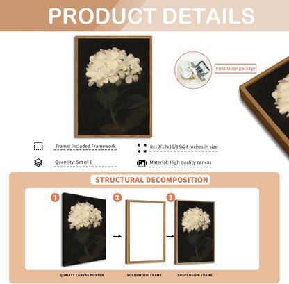 Framed Wall Art for Living Room – Vintage White Hydrangea Oil Painting Canvas Prints, Aesthetic