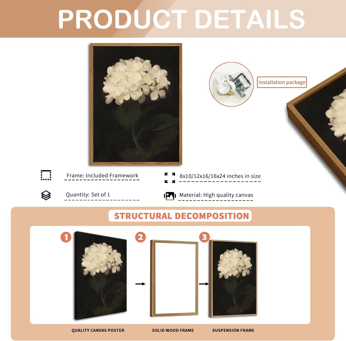 Framed Wall Art for Living Room – Vintage White Hydrangea Oil Painting Canvas Prints, Aesthetic